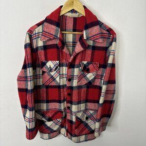 Vintage Career Club 70s Men S 14-14.5 Red Plaid Shacket Button Shirt Wool Blend